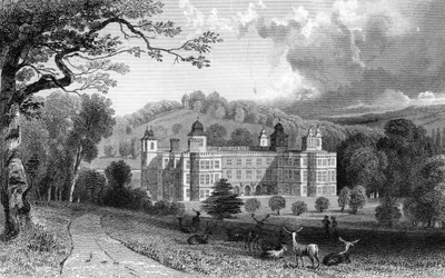 Audley End, Essex, gegraveerd door Henry Adlard, 1832