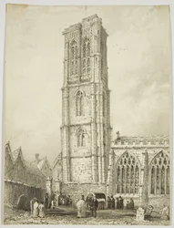 Exterieur van Temple Church, met een begrafenis, ca. 1825