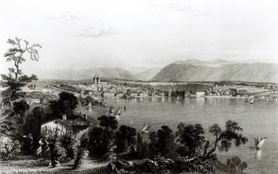 Genève vanuit Coligny, gegraveerd door Robert Wallis