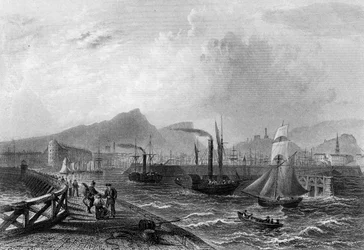 Leith Pier en haven, gegraveerd door Robert Wallis, ca. 1820