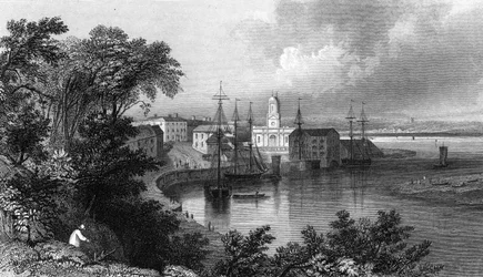 Mistley Quay, nabij Harwich, Essex, gegraveerd door John Rogers, 1832