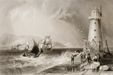 South Wall Lighthouse met Howth Hill in de verte, Dublin, uit 