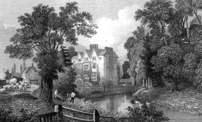 De gracht van Ongar Castle en Castle House, Essex, gegraveerd door Henry Wallis, 1832