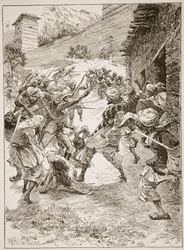 Luitenant Harley, aan het hoofd van veertig Sikhs en zestig Kashmiris, stormde het huis over de monding van de mijn, illustratie uit 