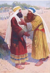 De ontmoeting van Jakob en Esau, uit Het Bijbel Prentenboek uitgegeven door Thomas Nelson, ca.1950