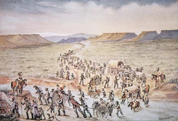 Mormoonse handkar pioniers op weg naar het westen naar Utah in 1850