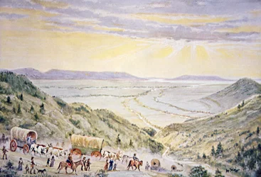 Mormonen dalen Little Mountain af naar Salt Lake City, Utah (kleur litho)