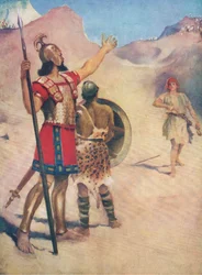 David en Goliath, uit Het Bijbel Prentenboek uitgegeven door Thomas Nelson, ca.1950