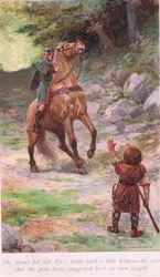 De dwerg sloeg het paard van Sir Tor zo hard tussen de ogen dat het arme paard een eigen lengte achteruit wankelde
