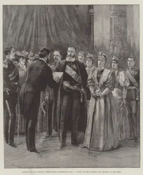 Opening van de Internationale Tentoonstelling van Antwerpen, 5 mei, Graaf de Pret leest het adres aan de koning