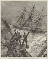 De rampzalige orkaan in Samoa, bemanning van het Amerikaanse schip Trenton juicht HMS Calliope toe