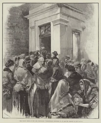 De voordeur bij One Ash, Rochdale, arbeiders dringen binnen om de heer Bright in zijn kist te zien