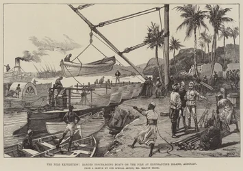 De Nijl Expeditie, schuiten lossen boten op de Nijl bij Elephantine Island, Assouan