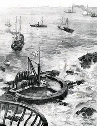 De Prins van Wales en de Hertog van Edinburgh leggen de eerste steen van de nieuwe Eddystone vuurtoren, illustratie uit 