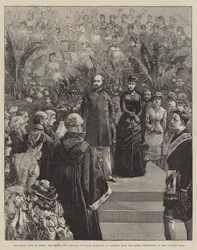 Het koninklijk bezoek aan Leeds, de prins en prinses van Wales ontvangen een adres van de Leeds Corporation in de Victoria Hall