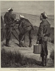De Zoeloe-oorlog, garnizoen van Fort Pearson, aan de benedenloop van de Tugela, bij Gatling Gun-oefening