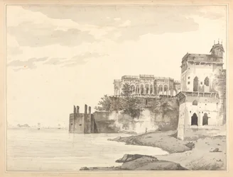Gezicht op de ruïnes van een paleis in Ghazipur aan de rivier de Ganges
