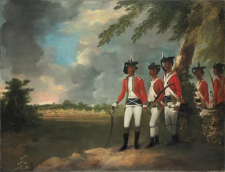 Kamp van duizend mannen gevormd door Augustus Cleveland drie mijl van Bhagalpur, met zijn herenhuis in de verte