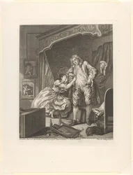 Vrouw hangt aan de arm van een man in een slaapkamer (serie titel)