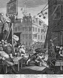 Beer Street, Londen, gravure door William Hogarth, Verenigd Koninkrijk