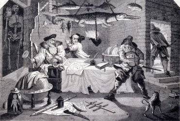 Hudribas valt astroloog Sidrophel en zijn knecht Whacum aan. Gravure door William Hogarth (1697-1764) voor het gedicht 
