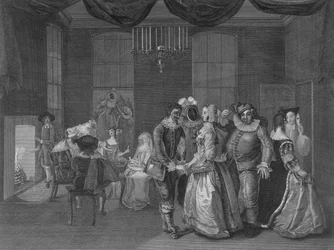 Interieur van Somerset House met figuren gekleed voor een maskerbal, 1805