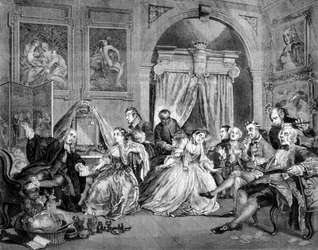 Huwelijk in de mode: serie van 6 satirische platen over het huwelijk van rijke mensen. Gravure door William Hogarth (1697 - 1764). 1745