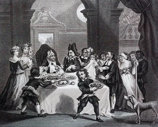 Sancho bij het feest, uitgehongerd door zijn arts door William Hogarth