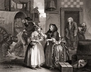 De vooruitgang van de hoer gevangen door een koppelaarster, uit De werken van Hogarth gepubliceerd Londen 1833 (gravure)