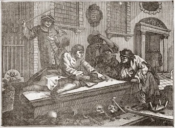 De luie leerling speelt op het kerkhof tijdens de kerkdienst - Plaat uit een serie van 12 gravures door William Hogarth (1697-1764), Britse illustrator, getiteld 