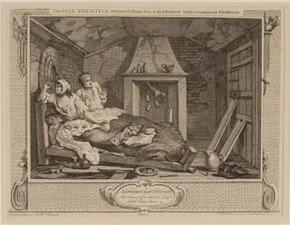De luie leerling teruggekeerd van zee en in een zolderkamer met een gewone prostituee, uit de serie Industrie en luiheid, oktober 1747