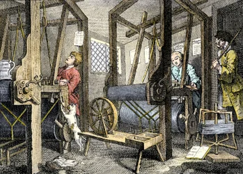 Werkplaats en arbeider met weefmateriaal in Spitalfields, Engeland