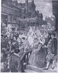 De staatsintrede van koningin Mary in Edinburgh 1561, uit Cassells History of the British People uitgegeven door de Waverley Book Company, ca. 1950 (litho)