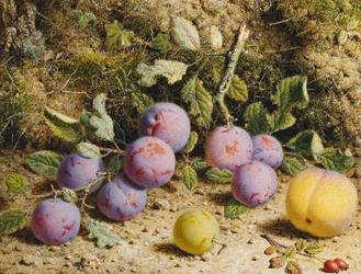 Stilleven met Pruimen, een Perzik en Rozenbottels