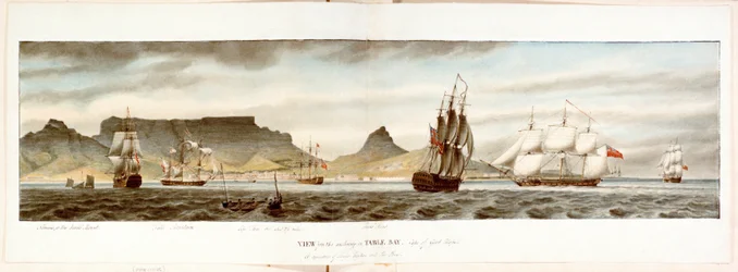 Eskader schepen vanaf de ankerplaats in Tafelbaai, Kaap de Goede Hoop, eind 18e eeuw tot begin 19e eeuw