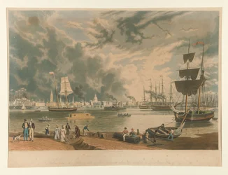 New Orleans, gezien vanaf de overzijde op korte afstand boven het midden of de Picayune-veerboot