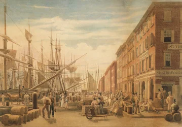 Zicht op South Street, vanaf Maiden Lane, New York City, ca. 1827
