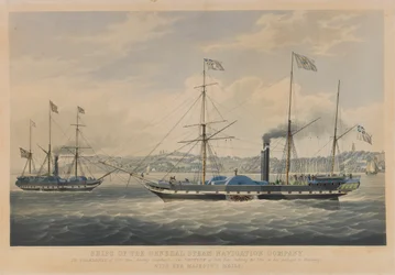 Schepen van de General Steam Navigation Company. De Caledonia van 800 ton, vertrekkend uit Hamburg - De Neptune van 800 ton, de Elbe binnenvarend op haar reis naar Hamburg, met de post van Hare Majesteit