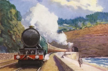 De Cornish Riviera Express van de GWR, getrokken door een locomotief van de "King"-serie, op weg tussen Londen en Penzance (kleurenlitho)
