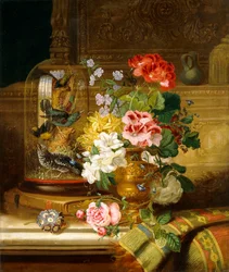 Een Vaas met Diverse Bloemen en Zangvogels op een Ledge, 1867