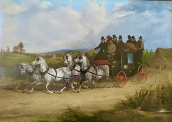 De Londen naar Brighton postkoets getrokken door een span grijze paarden