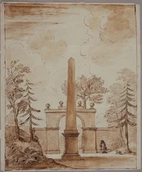 Chiswick, uitzicht op de Burlington Lane Gate, de obelisk op de voorgrond, en Kent met hond