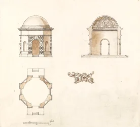 Achthoekige Tempel in Shotover Park, Oxfordshire: Plan, Sectie en Verhoging