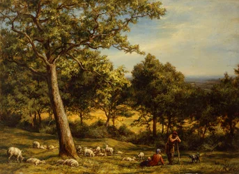 Een herder en zijn kudde in een zonovergoten boslandschap