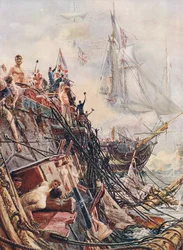 Gehavend maar onoverwonnen: de Belleisle bij Trafalgar op 21 oktober 1805, illustratie uit 