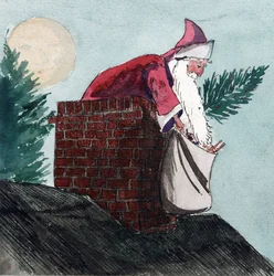 Kerstman komt door een schoorsteen met een zak vol speelgoed en een kerstboom