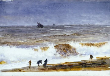 Het strand van Berck-sur-Mer (Frankrijk), met woelige zee en personages op het strand