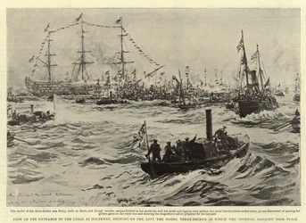 Uitzicht op de Ingang van het Kanaal bij Holtenau, met links het Model Drie-dekker waarin het Keizerlijk Banket plaatsvond