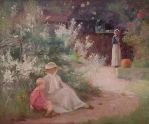 Dame met haar jonge zoon en dienstmeid in de tuin