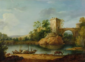 Een bebost Italiaans rivierlandschap met boeren in een schuit en een brug op de achtergrond, ca. 1770